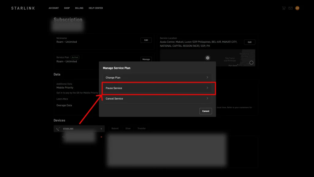 فرایند Pause Service استارلینک